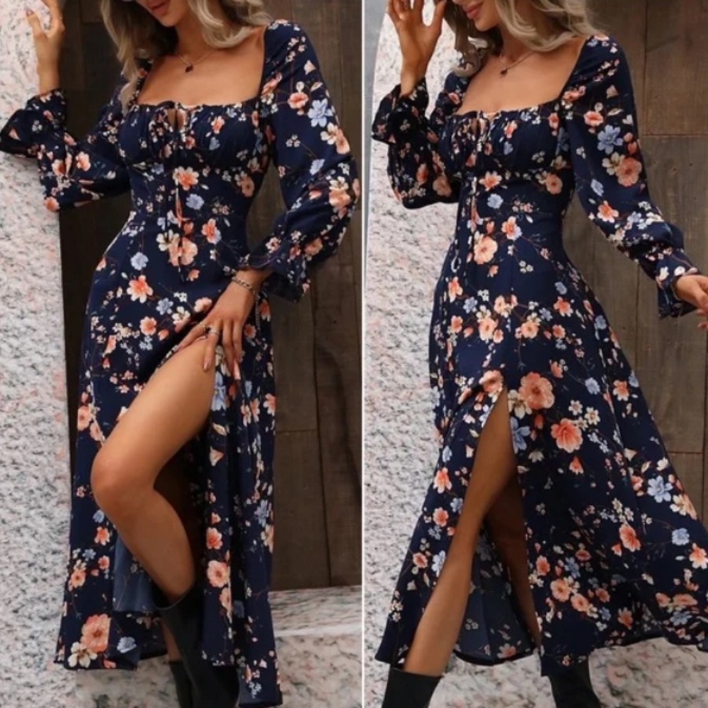 Boho Navy Blue Floral Print Ruffle Sleeve Maxi Dress
